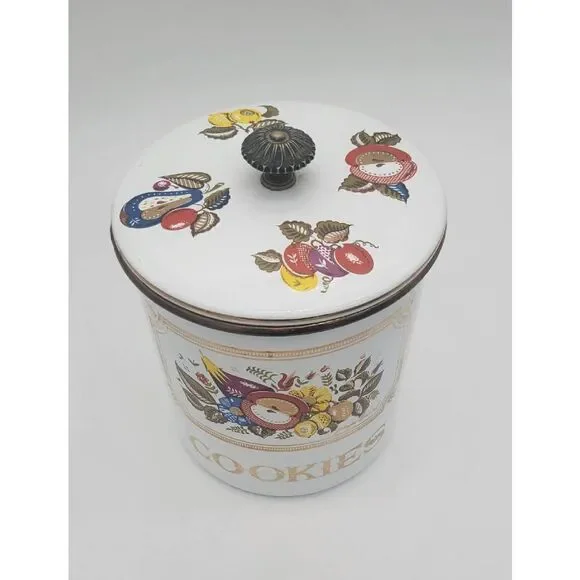 Midcentury 1960's Signed Georges Briard Fruit and Flower Enamelware Canister Coo
